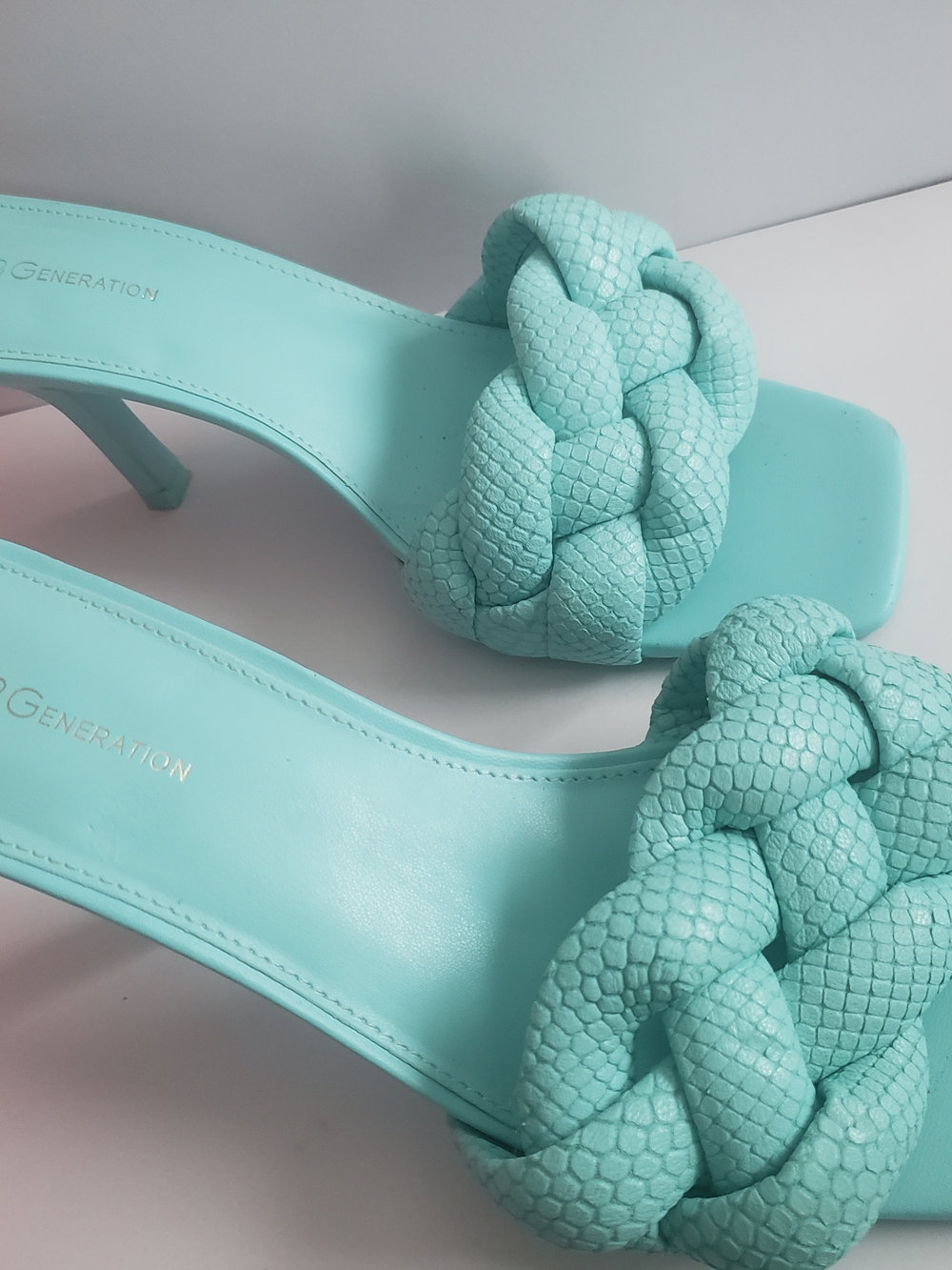 GENERATION Y Braided Mule Heels in Aqua Blue